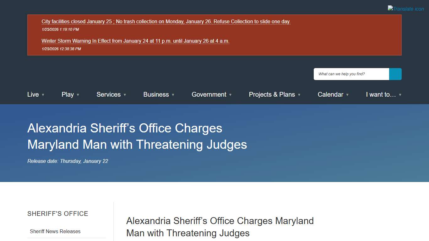 [Current] Alexandria Sheriff’s Office Charges Maryland Man with Threatening Judges City of Alexandria, VA
